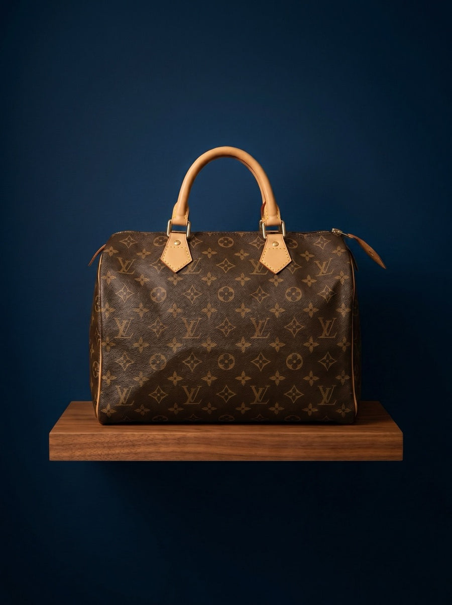 Louis Vuitton Speedy 35 Handbag Brown leather handbag with monogram pattern on a wooden stand against a dark blue background