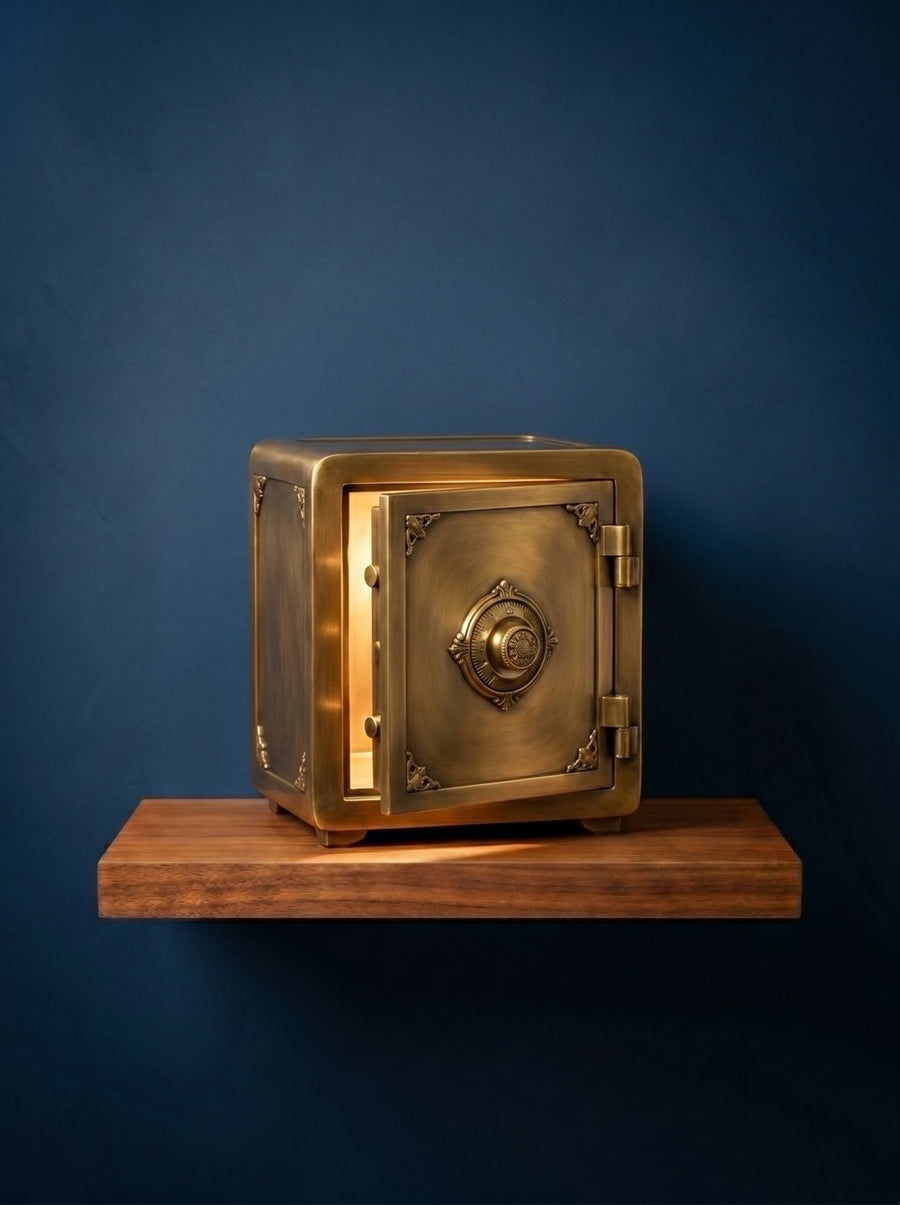 Vault shop all collection Vintage-style brass safe on a wooden platform against a blue background